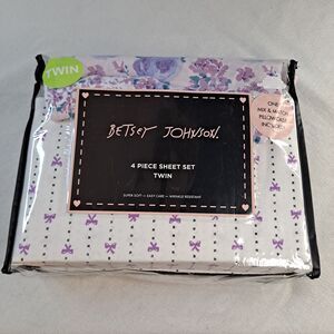 Betsey Johnson Twin Sheet Set Ribbon Pinstripe Purple Floral Wrinkle Resistant